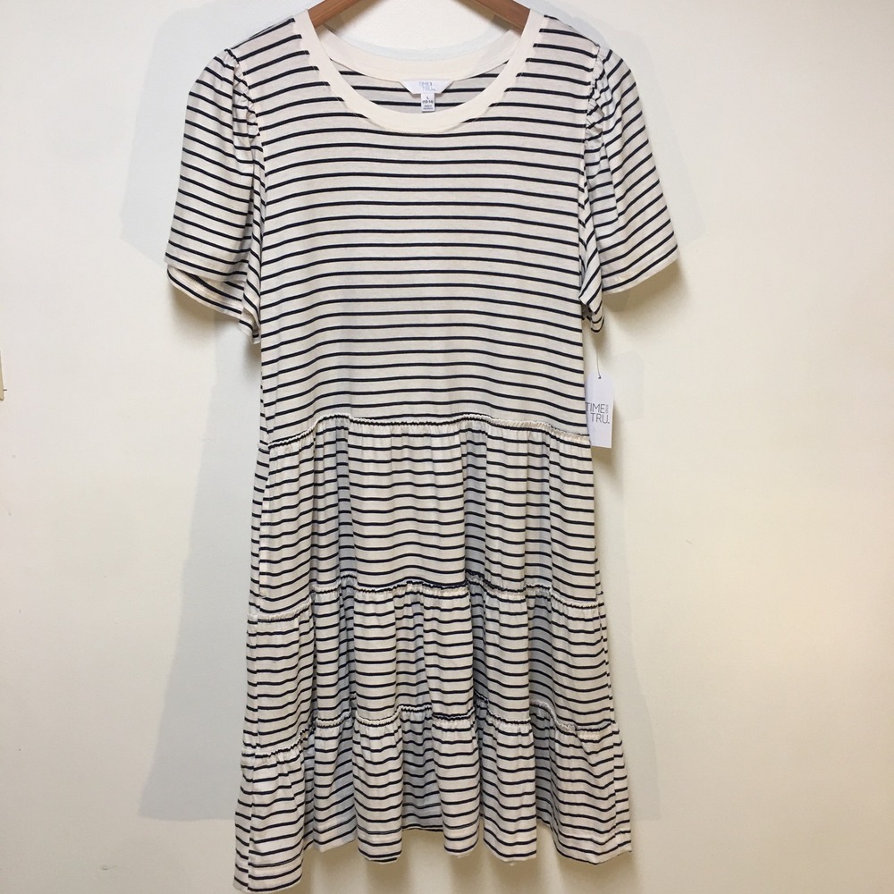 Time and Tru Flounce Dress‎ Womens L 12-14 White Navy Striped Tiered Knee Mini